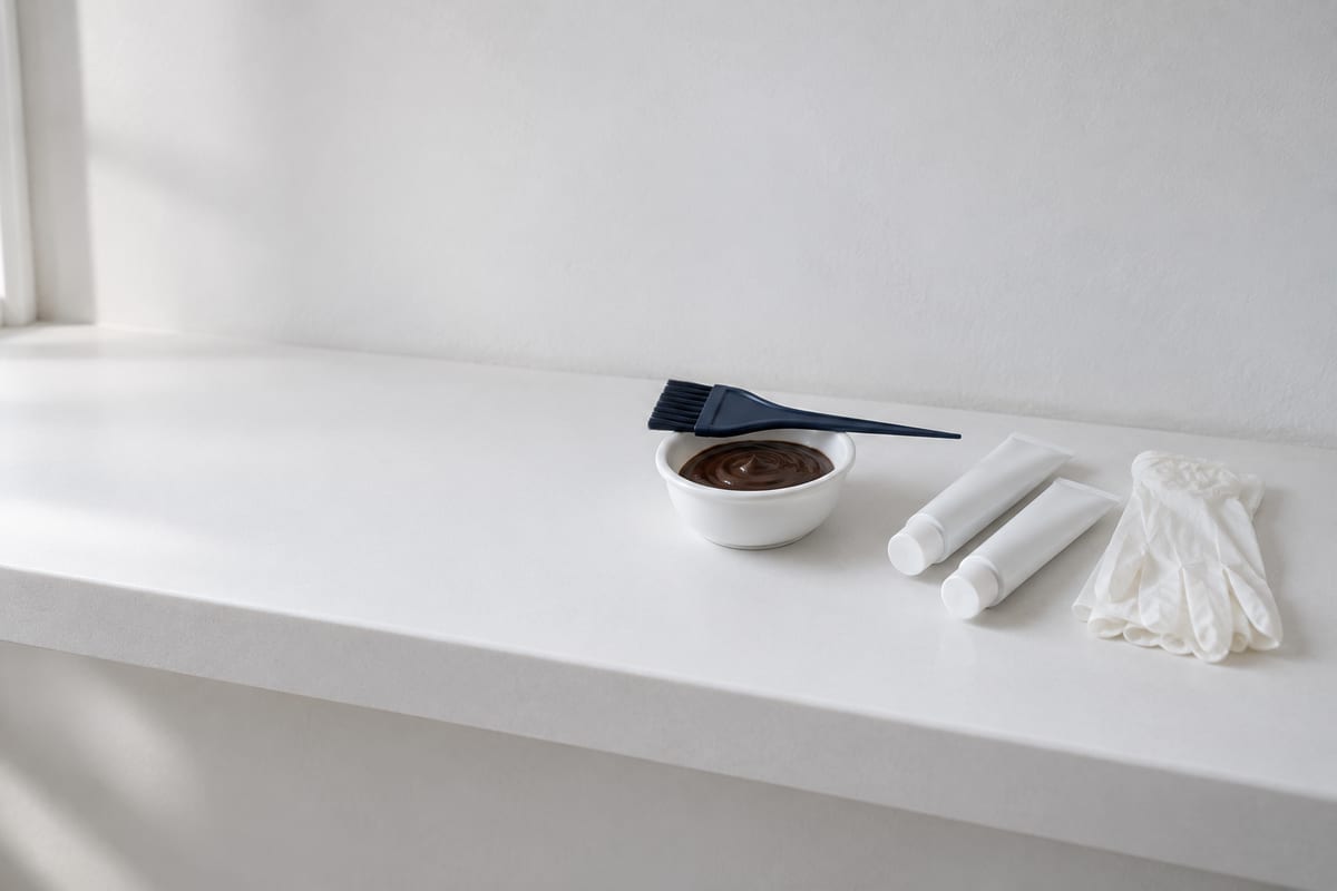 Weiße Schale mit dunkelbrauner Farbcreme und aufgelegtem dunkelblauem Färbepinsel, daneben zwei weiße Tuben und Einweghandschuhe auf einer hellen Badablage.