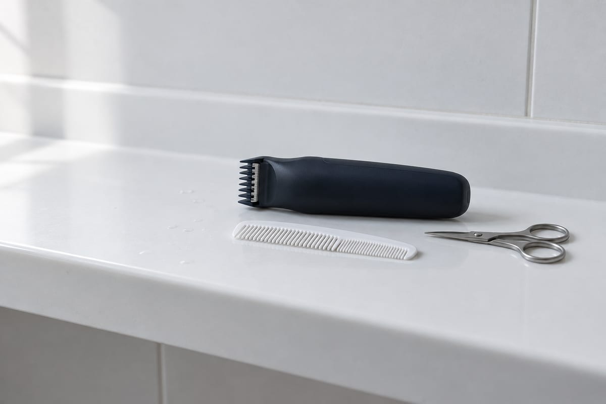 Dunkelblauer Barttrimmer mit Kammaufsatz, ein weißer Bartkamm und eine kleine Bartschere auf einer hellen Badablage.
