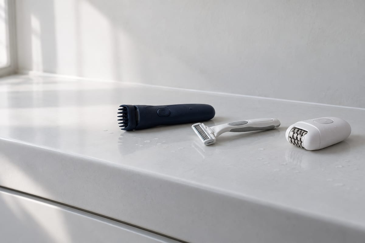 Dunkelblauer Bodygroomer mit Kammaufsatz, ein weißer Systemrasierer und ein weißer Epilierer liegen nebeneinander auf einer hellen Badablage.