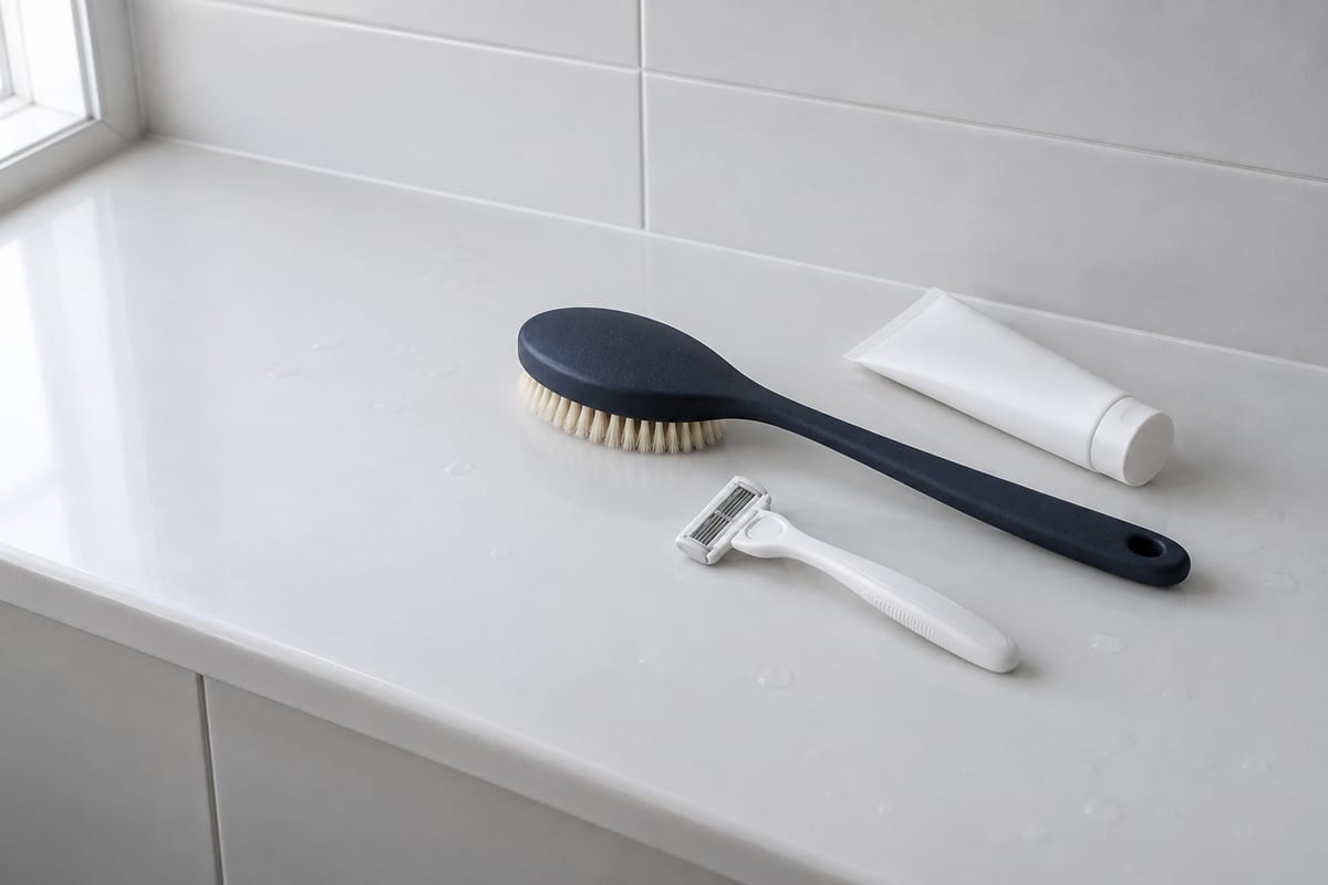 Dunkelblaue Körperbürste mit langem Stiel, ein weißer Systemrasierer und eine weiße Tube Bodylotion auf einer hellen Badablage.