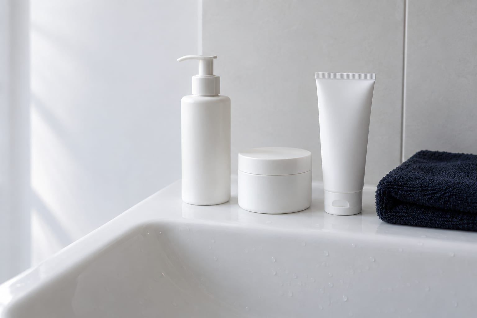 Pumpflasche, Cremedose und Tube ohne Etikett stehen neben einem dunkelblauen Waschlappen am Waschbecken