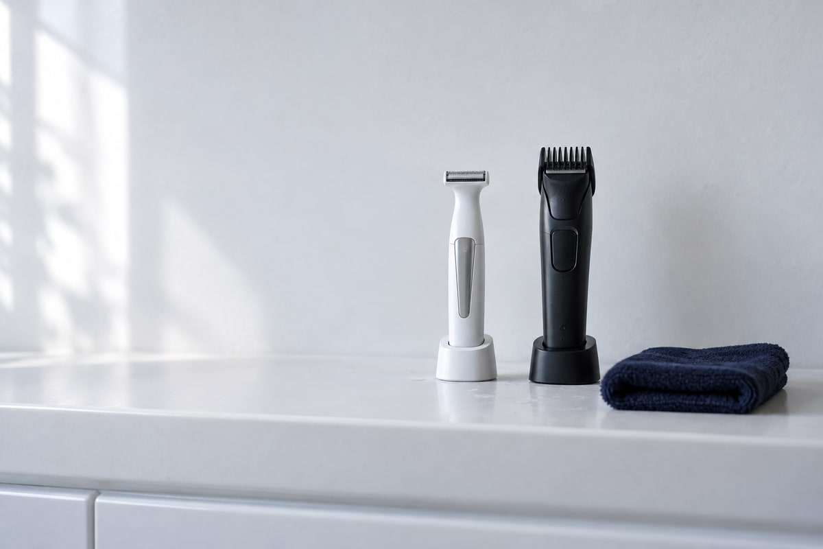 Ein schmaler weißer Hybridtrimmer mit flacher Klinge und ein schwarzer Barttrimmer mit Kammaufsatz stehen in Ladeständern neben einem dunkelblauen Handtuch.