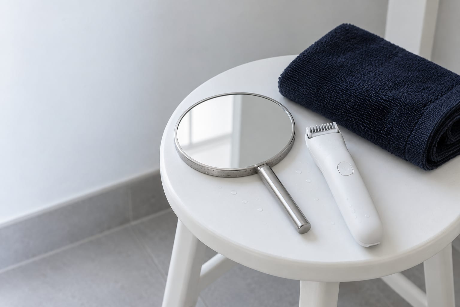 Handspiegel, weißer Körpertrimmer und dunkelblaues Handtuch liegen auf einem weißen Badhocker