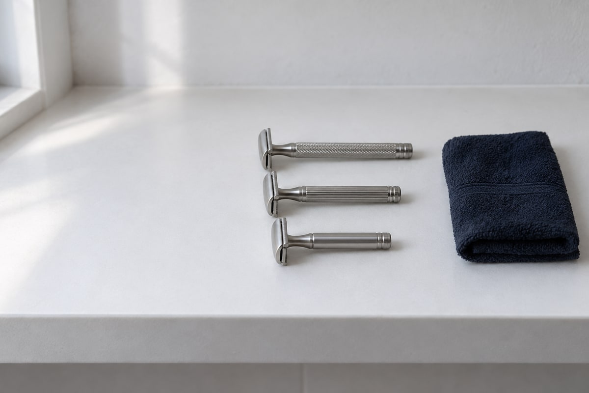 Drei Rasierhobel mit unterschiedlich langen Griffen liegen parallel und mit Abstand auf einer hellen Badablage, rechts daneben ein gefaltetes dunkelblaues Handtuch.