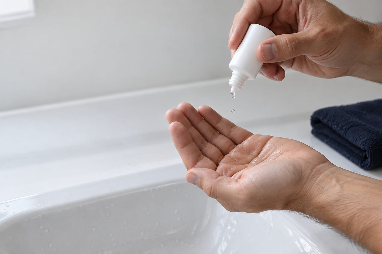 Hand lässt aus einer kleinen Flasche Rasieröl in die andere Handfläche tropfen, darunter ein weißes Waschbecken