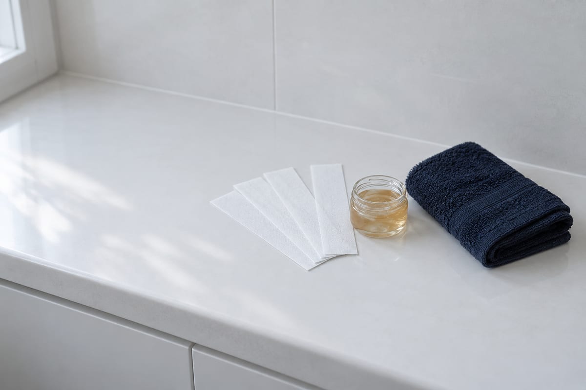 Vier weiße Kaltwachsstreifen, ein offenes Glas mit Zuckerpaste und ein gefaltetes dunkelblaues Handtuch auf einer hellen Badablage.