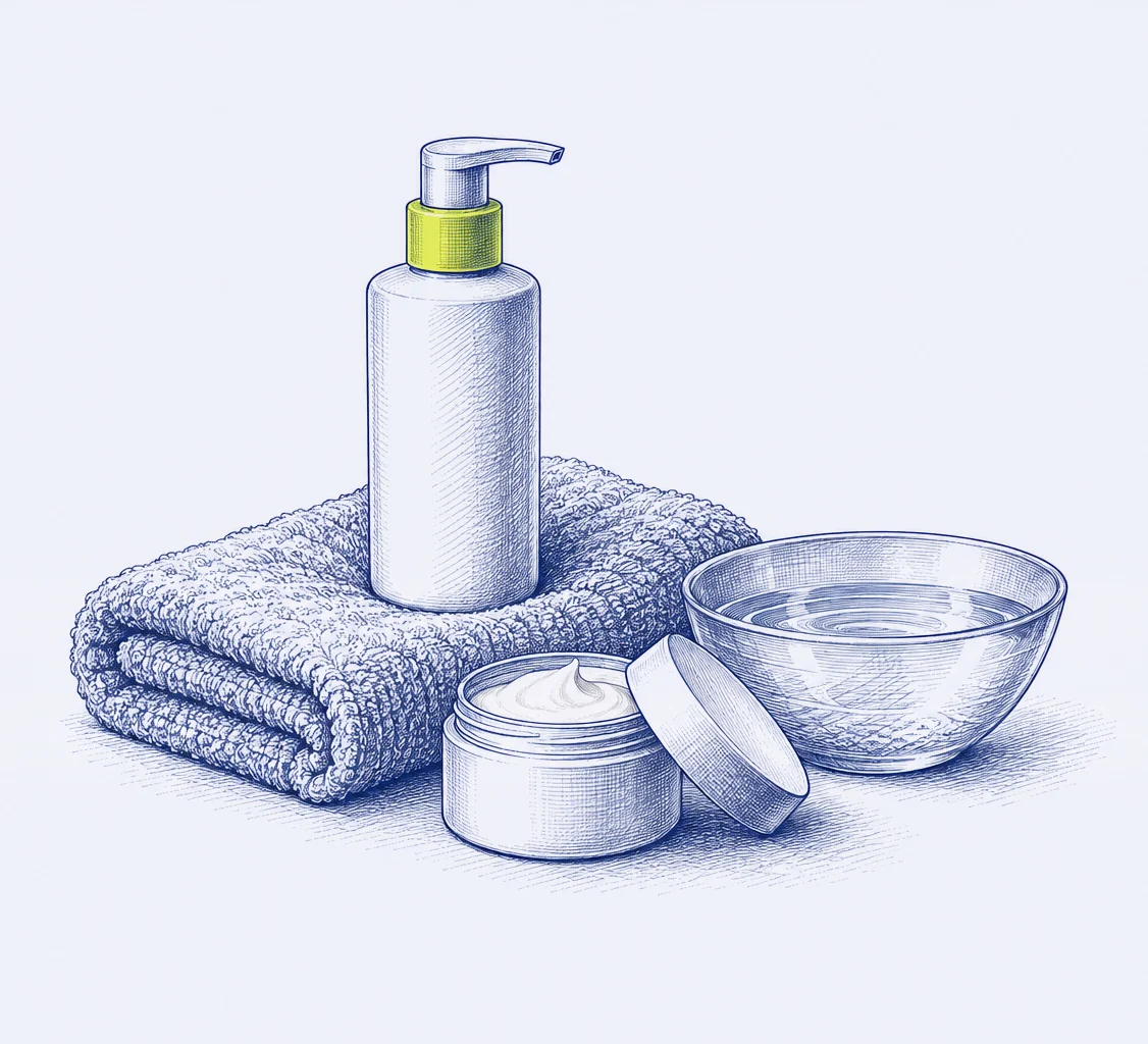 Federzeichnung von Pflegeprodukten nach der Rasur: Pumpflasche, Cremedose, Schale mit Wasser und gefaltetes Handtuch